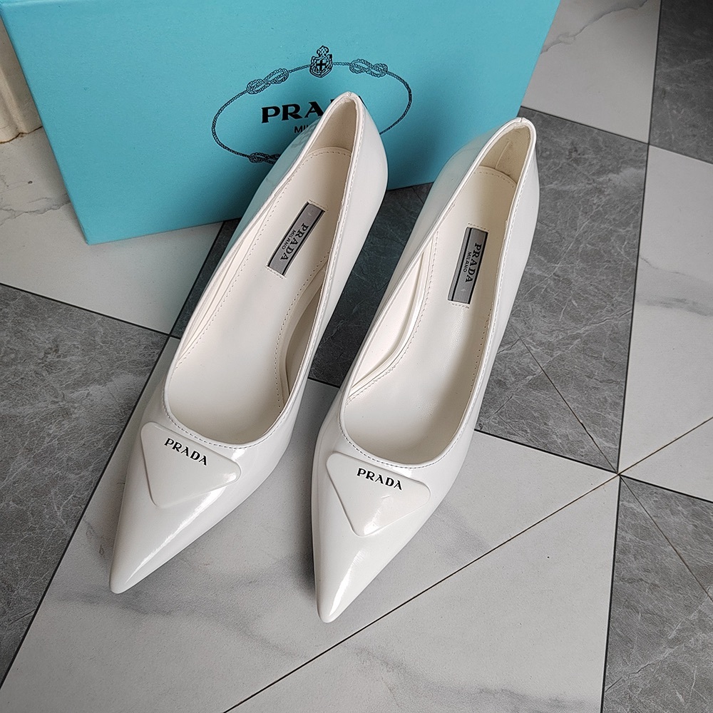 Prada Triangle Logo High Heels White